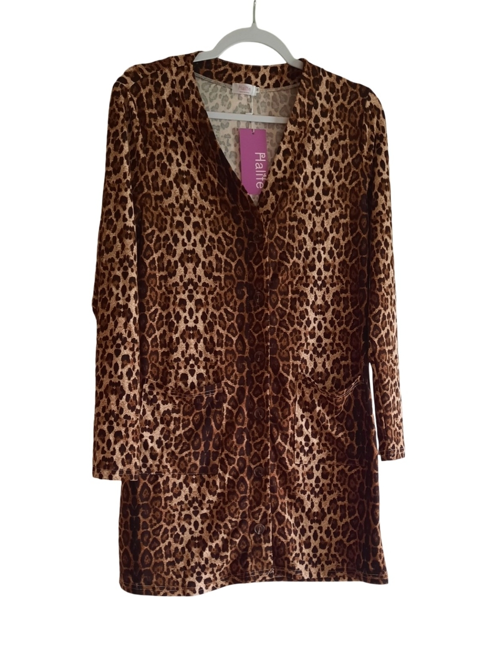 Halife Leopard Print Longline V-Neck Cardigan in Brown